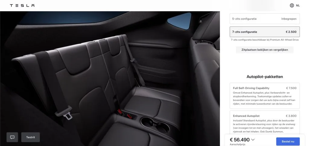 Tesla Model Y derde zitrij interieur